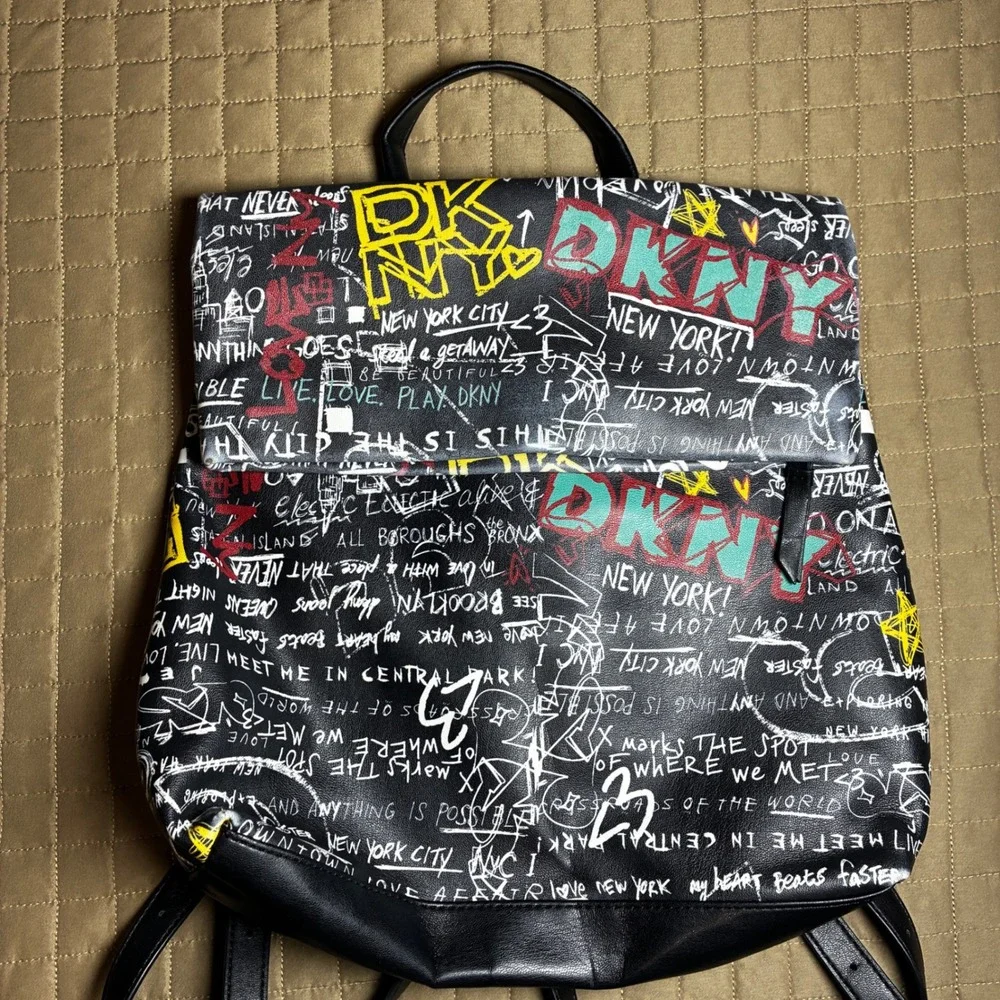 DKNY Graffiti Print Backpack Black Faux Leather NYC Street Art School Bag Large